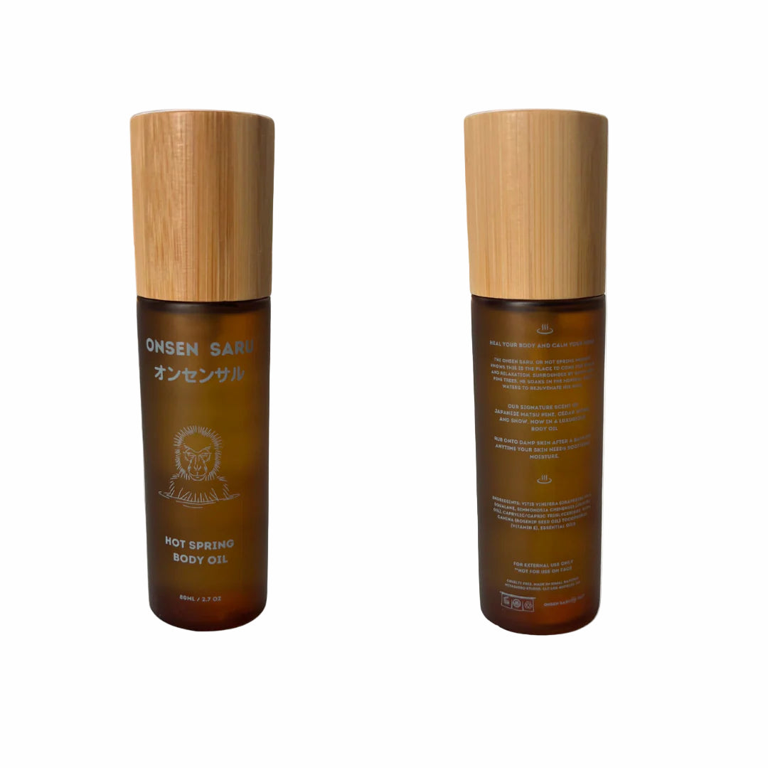 Onsen Saru hot spring body oil packaging on a white background