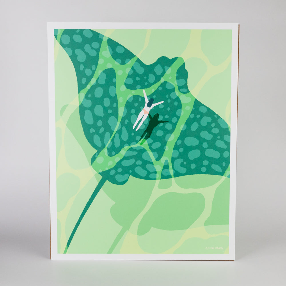 Artwork of a stylized swimming figure dwarfed by giant sting ray swimming underneath in a blue green ocean