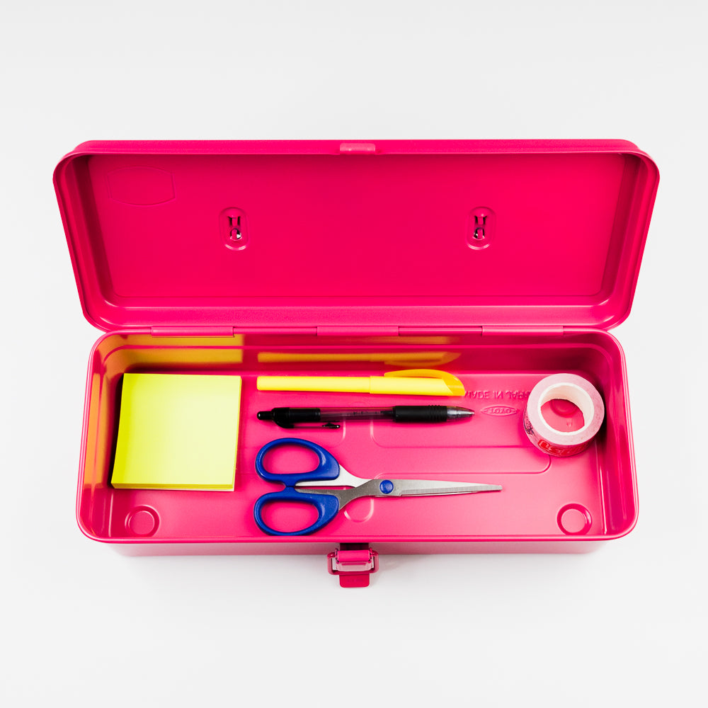 Pink metal toolbox on a white background