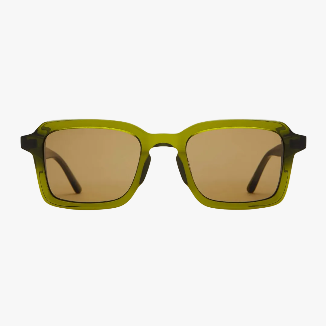 Sunglasses with green frame and brown lenses on a light gray background