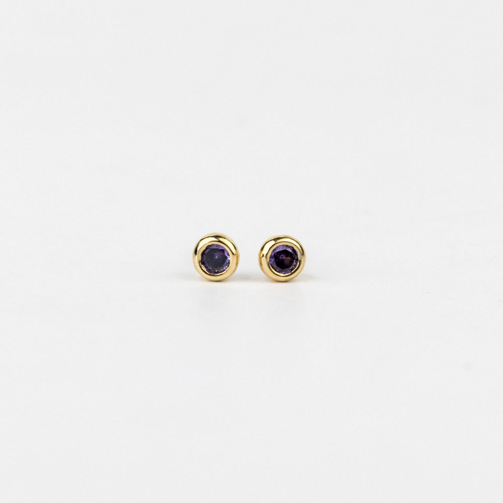 Gold earrings with purple gemstones on a white background