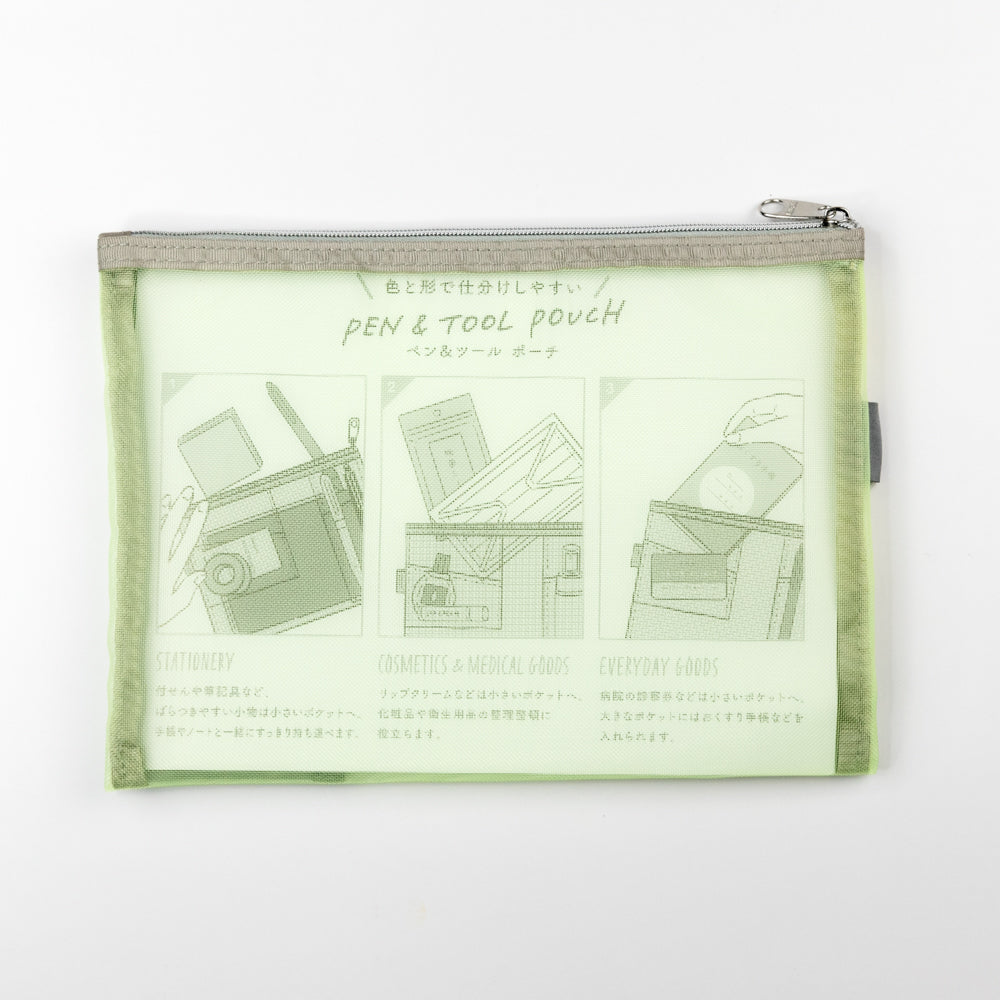 Green pen and tool pouch with illustrations on a white background