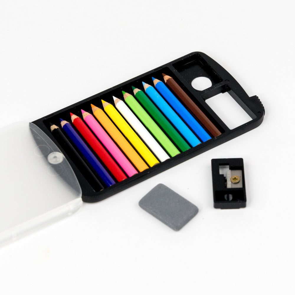 Set of mini colored pencils with a sharpener and eraser on a white background