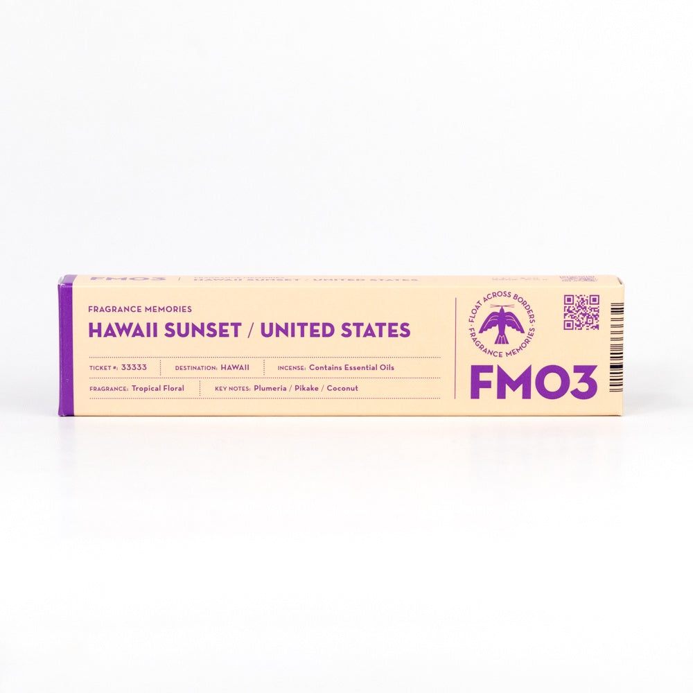 Incense stick packaging with 'Hawaii Sunset' and 'FMO3' branding on a white background
