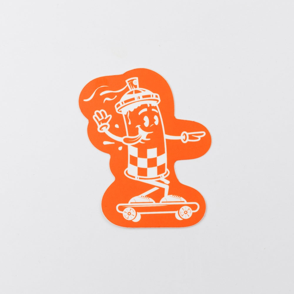A sticker of an orange and white illustration of a spray paint can skateboarding character on a gray background